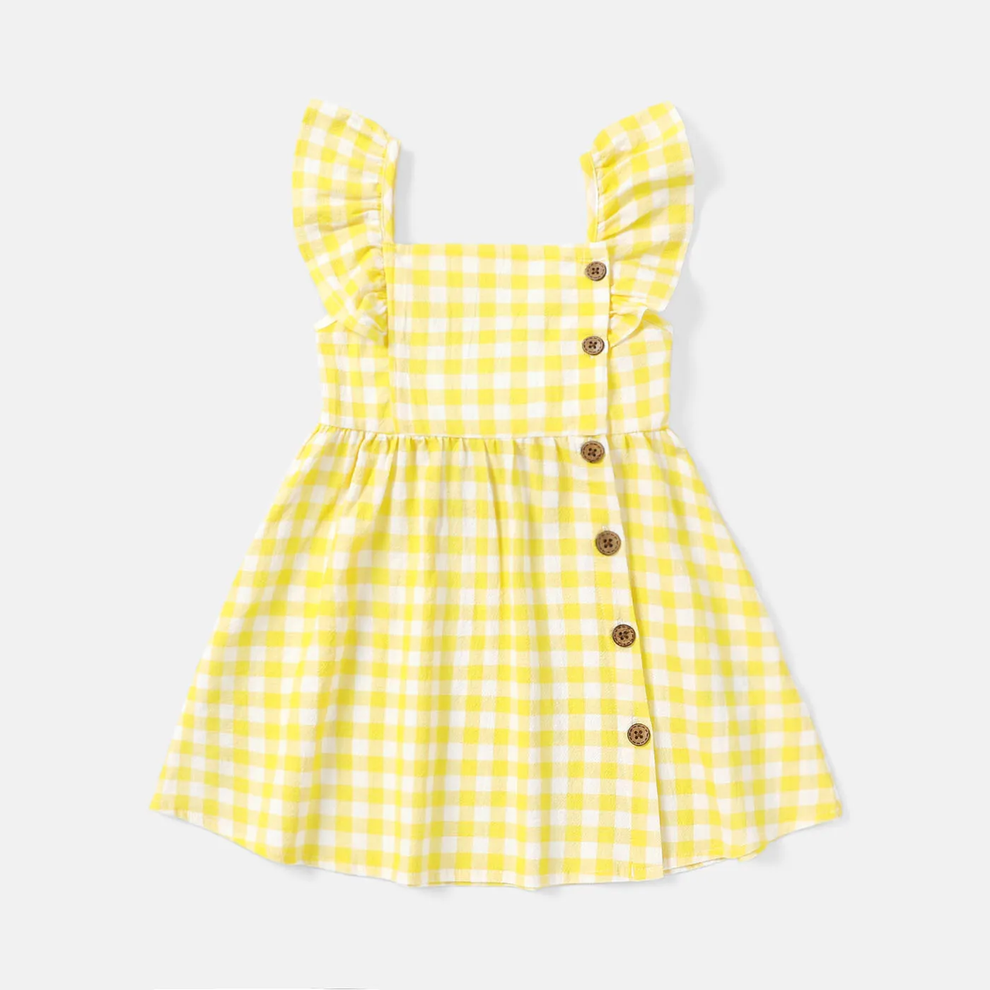 Toddler Girl 100% Cotton Fruit Print/Plaid Ruffled Button Design Slip Dress Yellow big image 1
