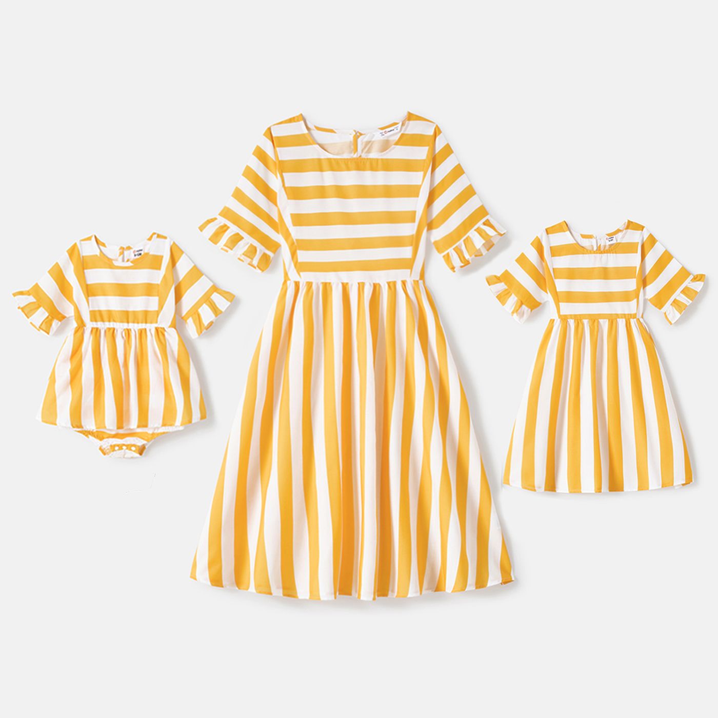 

Mommy and Me Yellow Striped Ruffle Trim Short-sleeve A-line Dresses