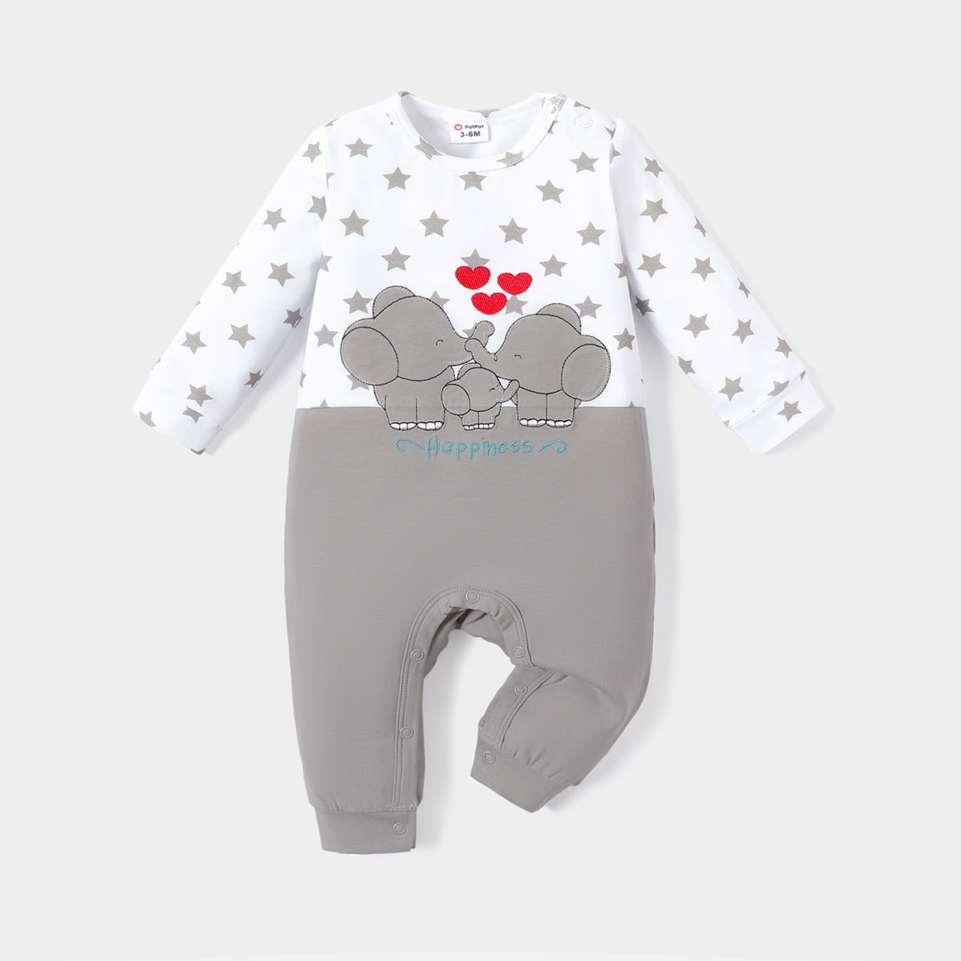 Baby Boy/Girl Cotton Long-sleeve Elephant & Star Print Spliced Jumpsuit