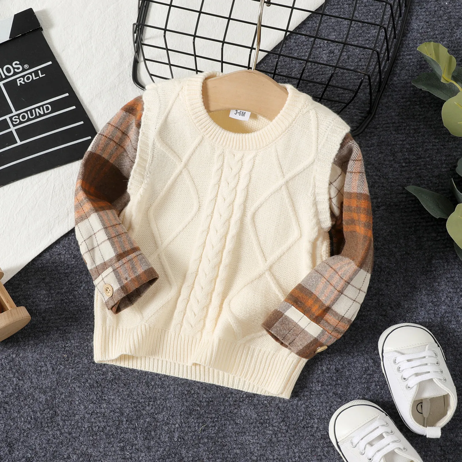 Baby Boy Plaid Long-sleeve Spliced Cable Knit Pullover Sweater Beige big image 1