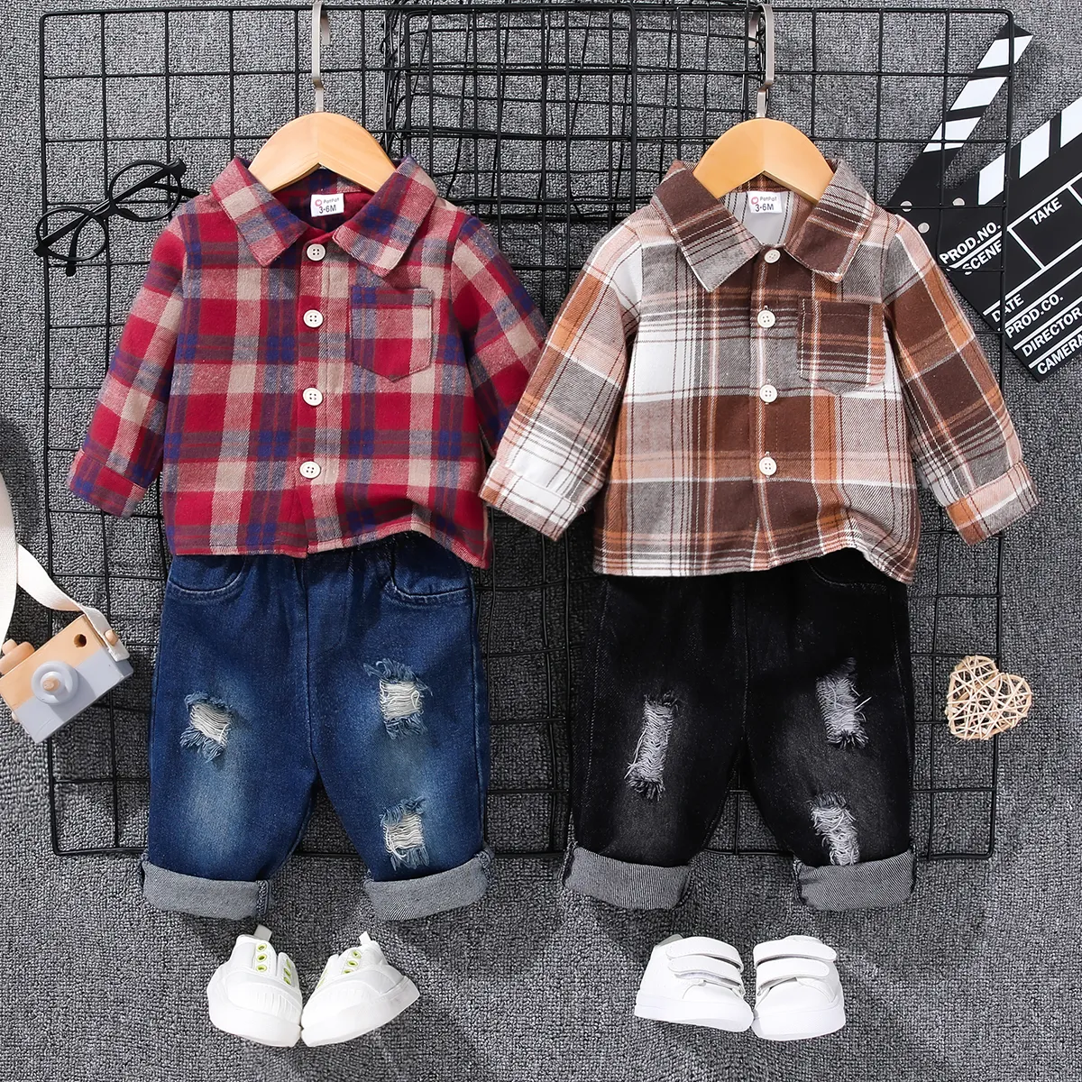 2pcs Baby Boy Long-sleeve Button Up Plaid Shirt and Ripped Jeans Set