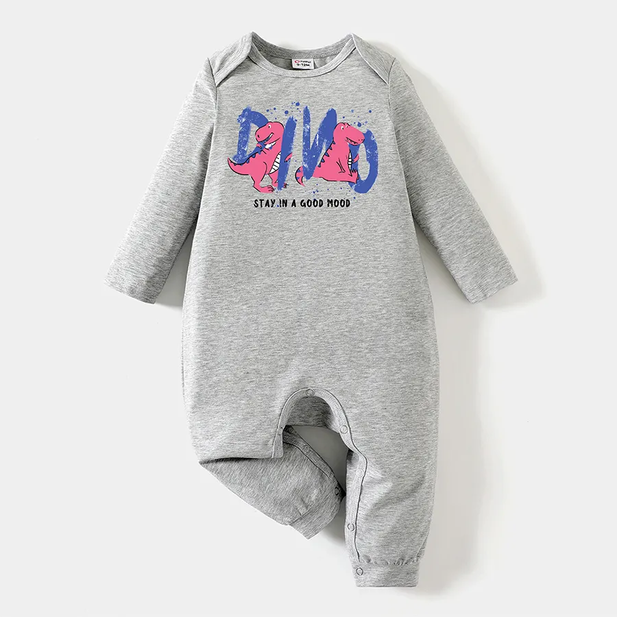 [0M-24M] Go-Neat Water Repellent and Stain Baby Boy/Girl Dinosaur & Letter Print Long-sleeve Jumpsuit Light Grey big image 1