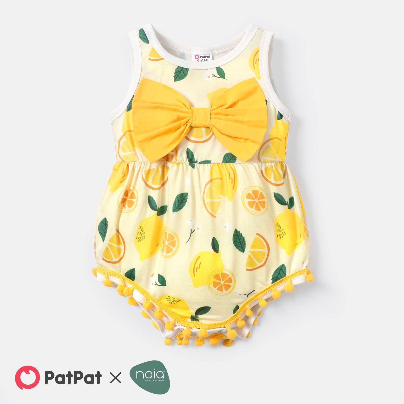 

Naia™ Baby Girl Bowknot Pompom Design Lemon Print Sleepwear Romper