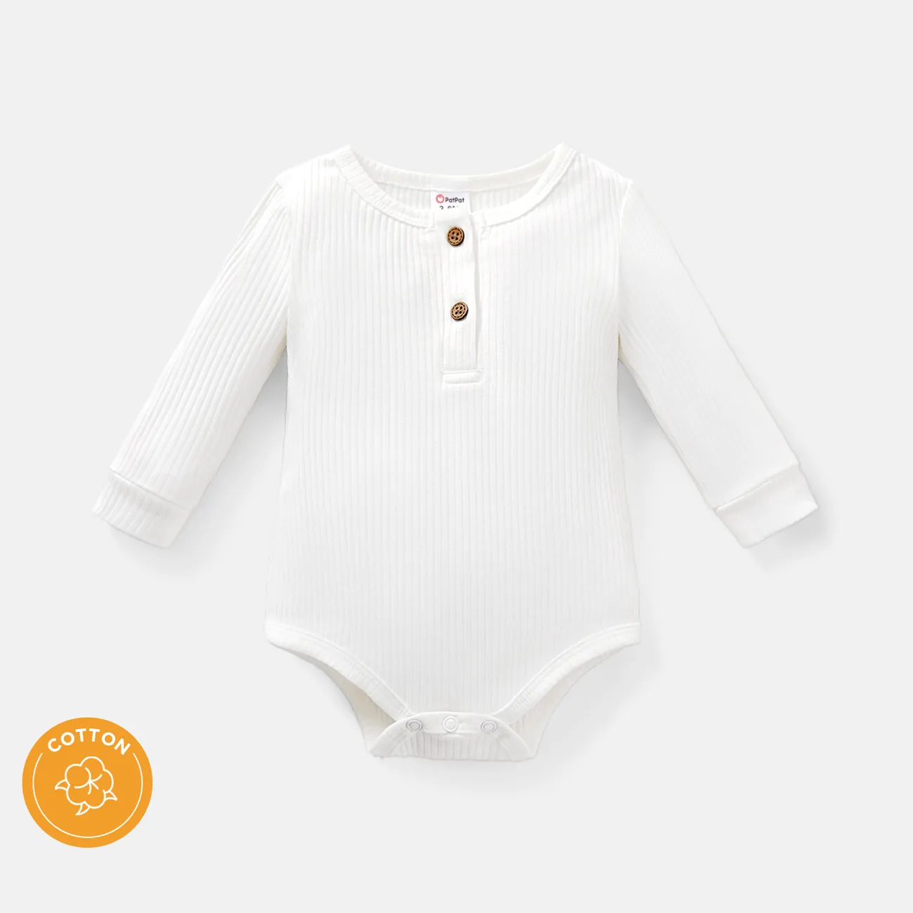 女嬰/男嬰純棉鈕扣設計純色羅紋長袖連體褲 白色 big image 1