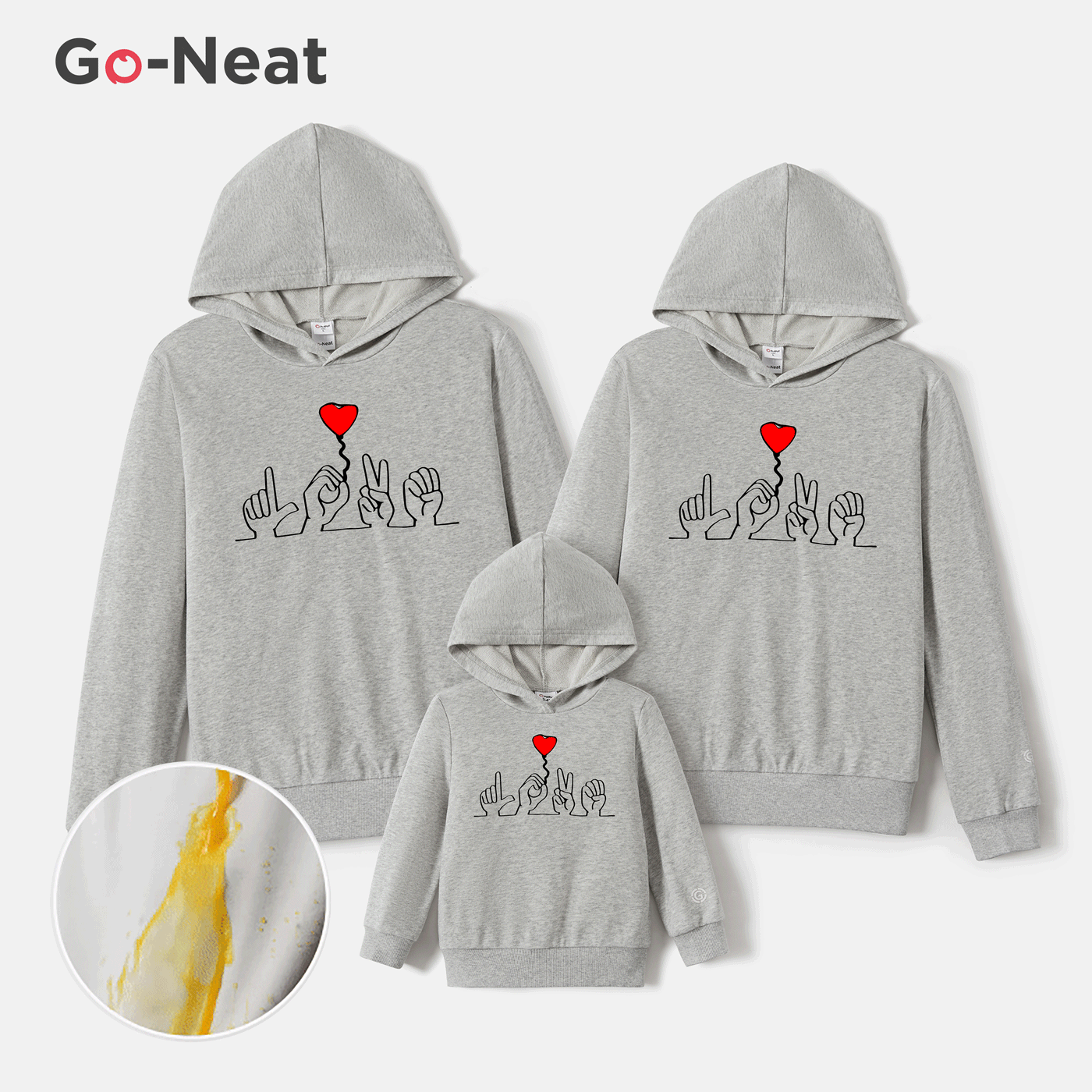 Go-Neat Water Repellent and Stain Family Matching Gesture & Heart Print Grey Long-sleeve Hoodies Light Grey big image 1
