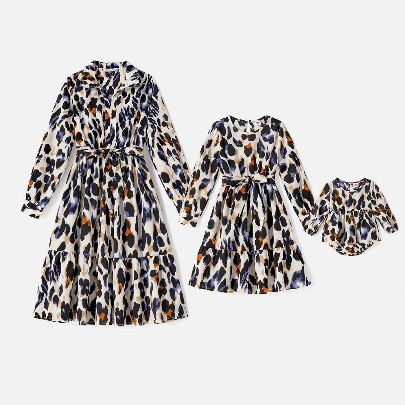 

Mommy and Me Long-sleeve Leopard Print Belted Dresses