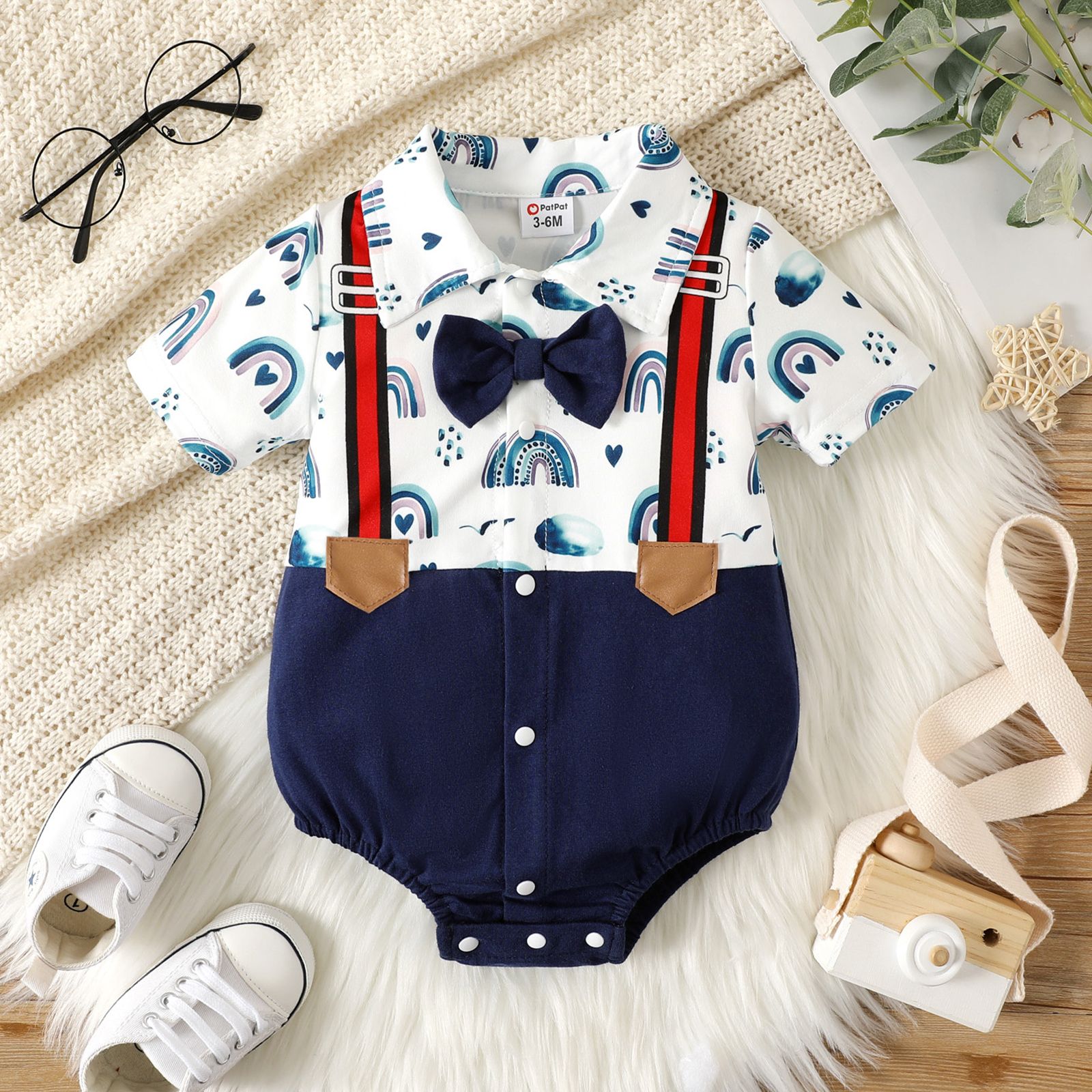 

Baby Boy 95% Cotton Bow Tie Decor Rainbow Print Short-sleeve Spliced Romper