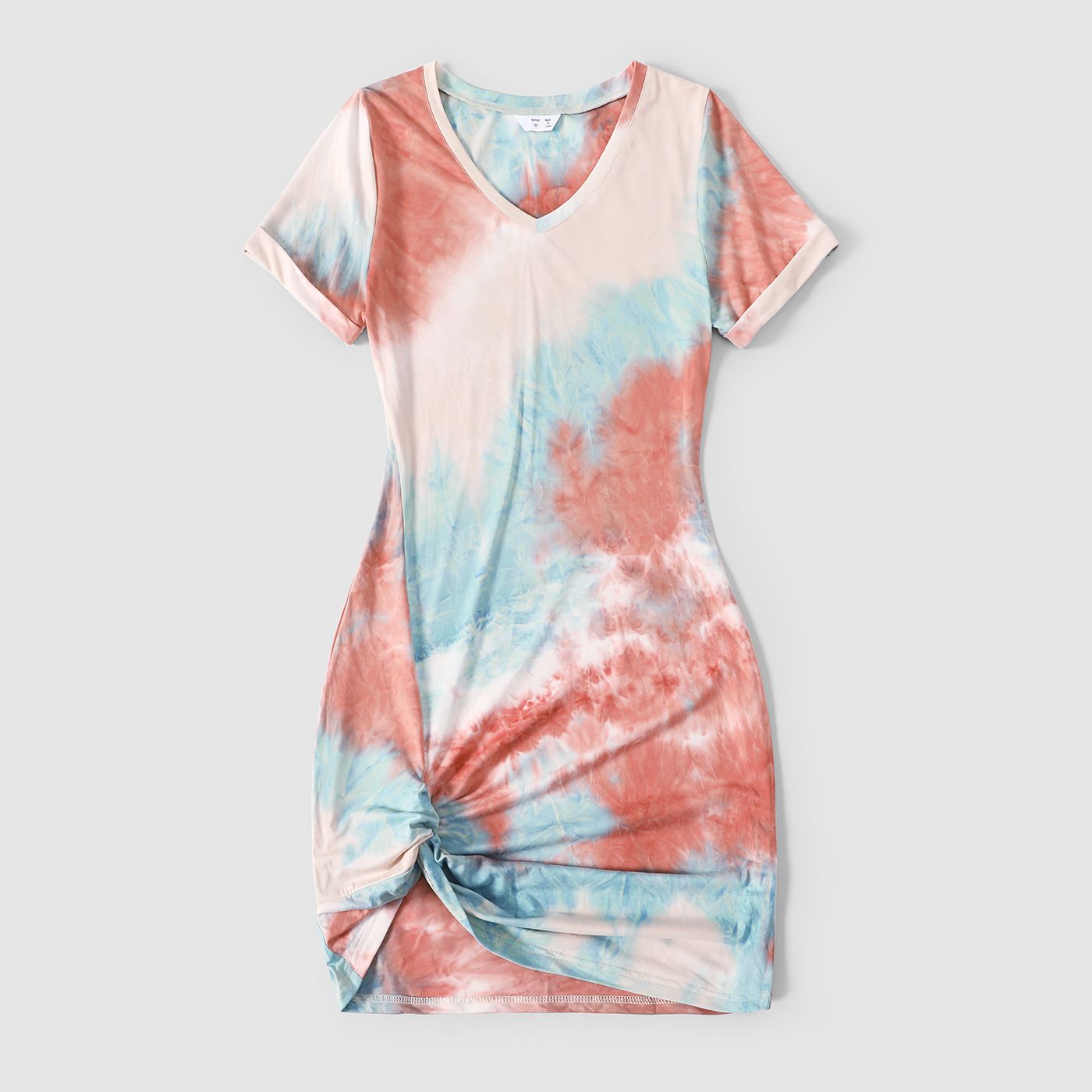 Family Matching Colorblock Tie Dye Twist Knot Bodycon Dresses And Short-sleeve T-shirts Sets