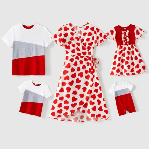 Family Matching 95% Cotton Short-sleeve Colorblock T-shirts and Allover Heart Print Dresses Sets