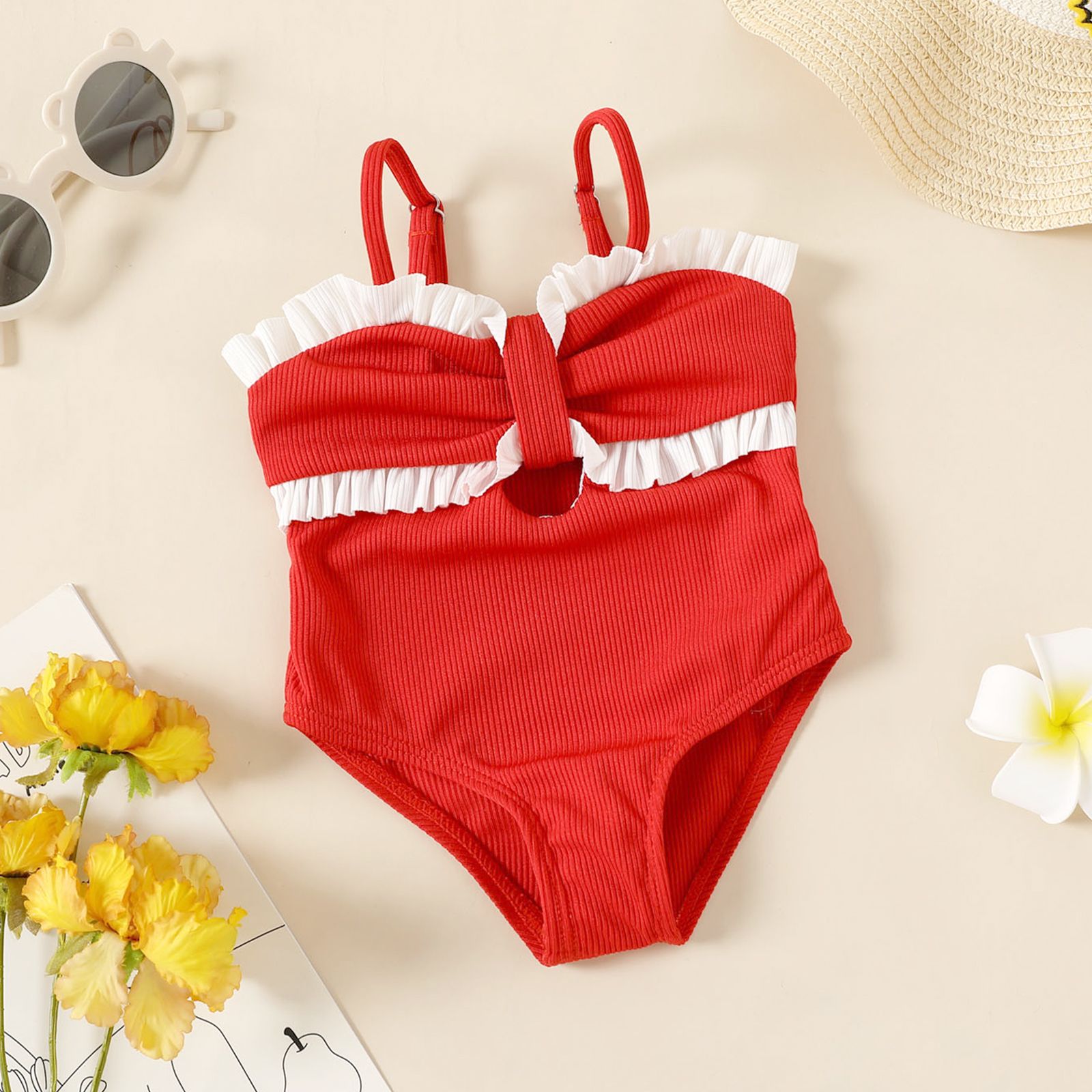 

Baby Girl Ruffle Trim Cut Out Ribbed One-Piece Swimsuit