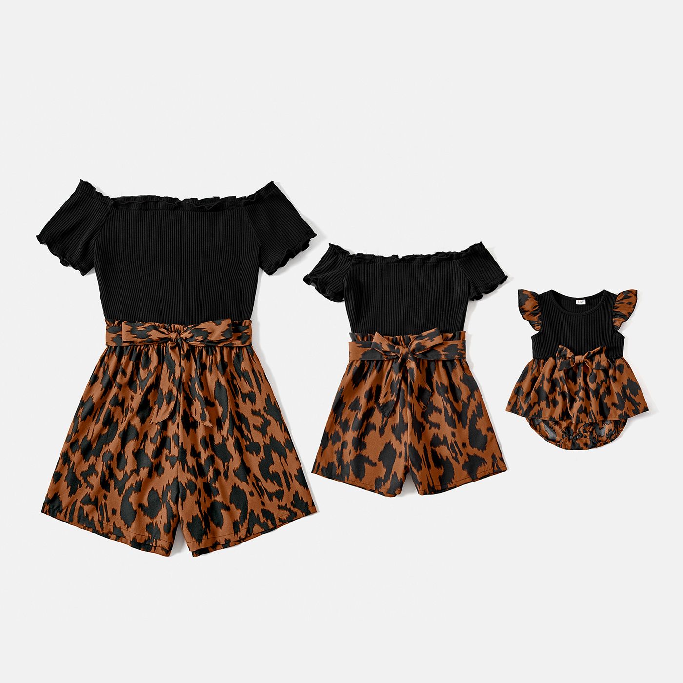 

Mommy and Me Leopard Print & Black Ribbed Spliced Cold Shoulder Short-sleeve Rompers