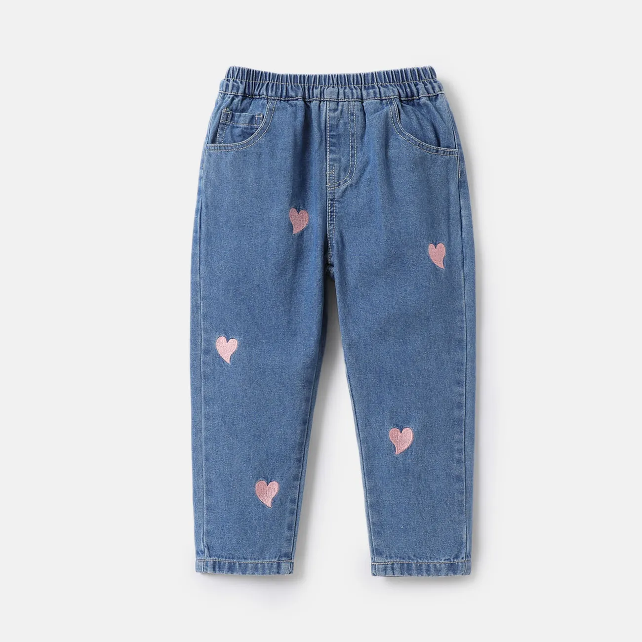 Toddler Girl Heart Embroidered Elasticized Cotton Denim Jeans  big image 1
