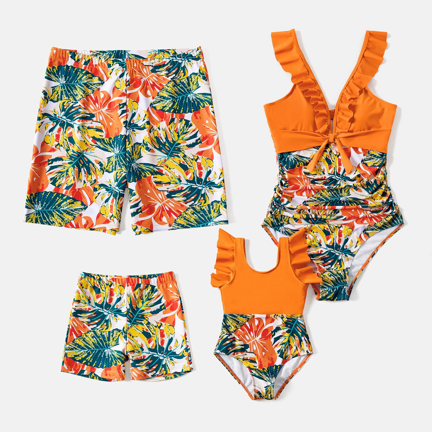 

Family Matching Allover Plant Print Spliced Solid Ruffle Trim One-Piece Swimsuit and Swim Trunks