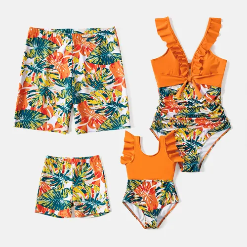 Family Matching Allover Plant Print Spliced Solid Ruffle Trim One-Piece Swimsuit and Swim Trunks