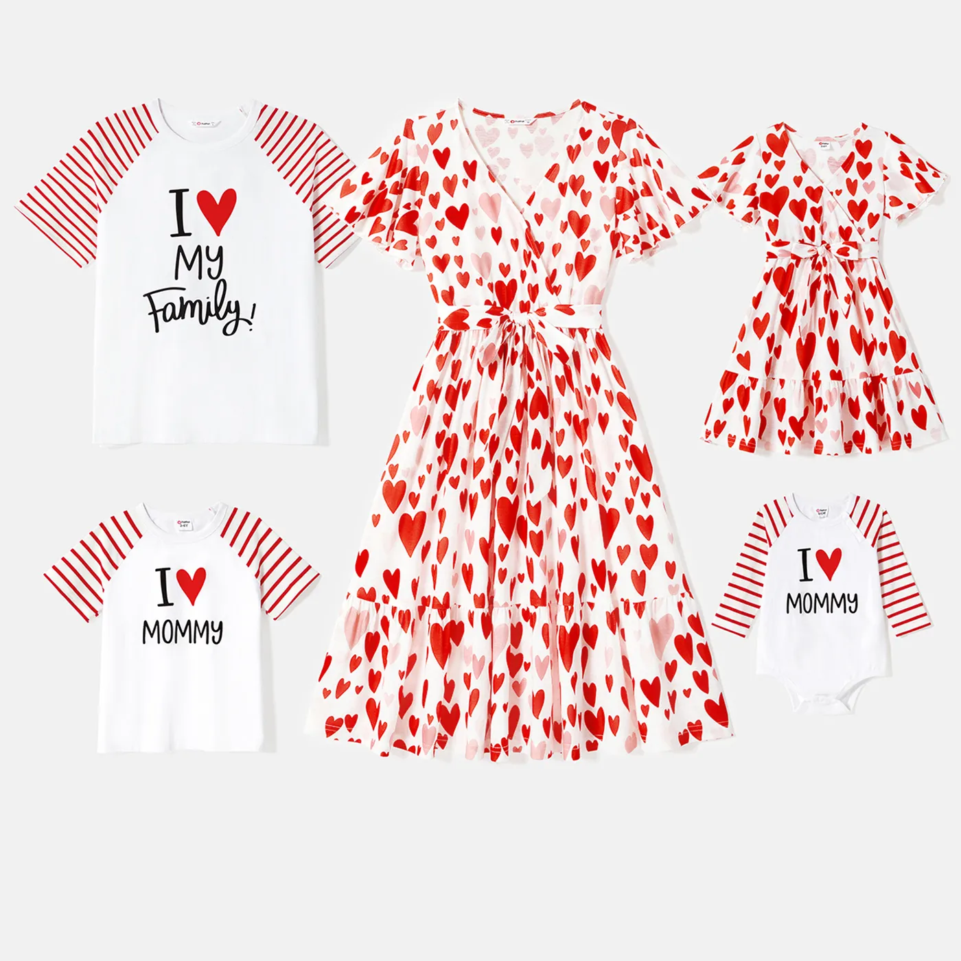 Fête Des Mères Famille Correspondant 95% Coton Lettre Graphique Rayé Manches Raglan T-shirts Et Coeur Rouge Imprimé Surplis Cou Volants Manches Ceintu