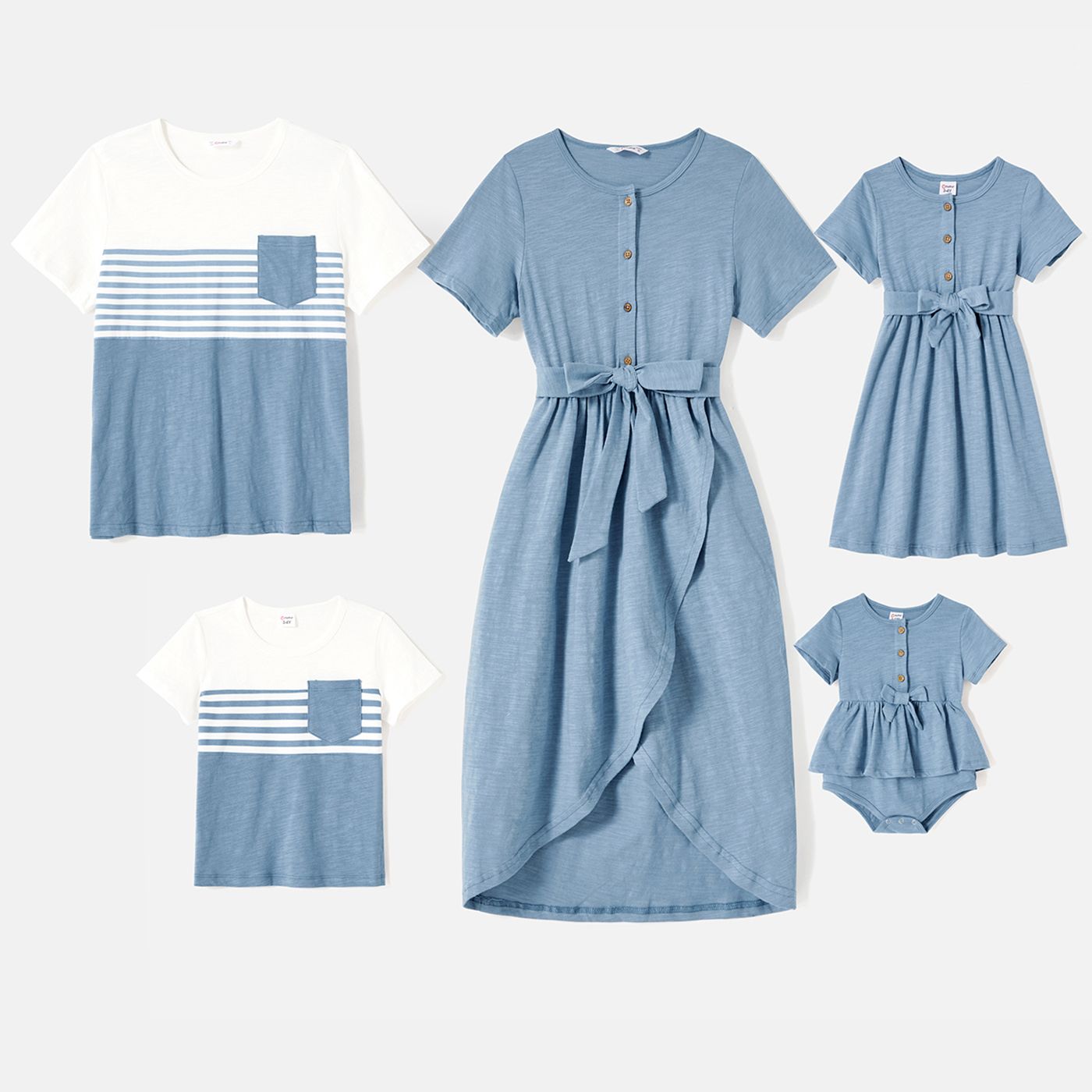 

Family Matching Blue Cotton Short-sleeve Belted Tulip Hem Dresses and Striped Colorblock T-shirts Sets