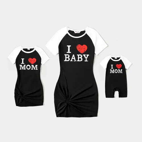 Mommy and Me Cotton Raglan Sleeve Heart & Letter Print Twist Knot Bodycon Dresses
