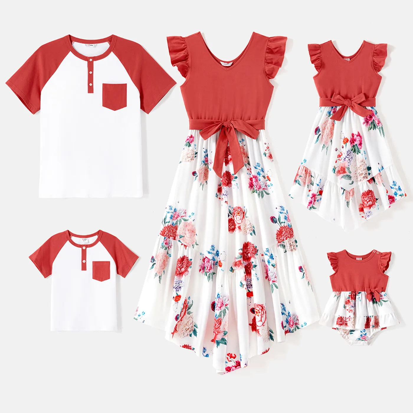 

Family Matching 95% Cotton Contrast Raglan Sleeve T-shirts and Floral Print Asymmetric Hem Spliced Naia™ Dresses Sets