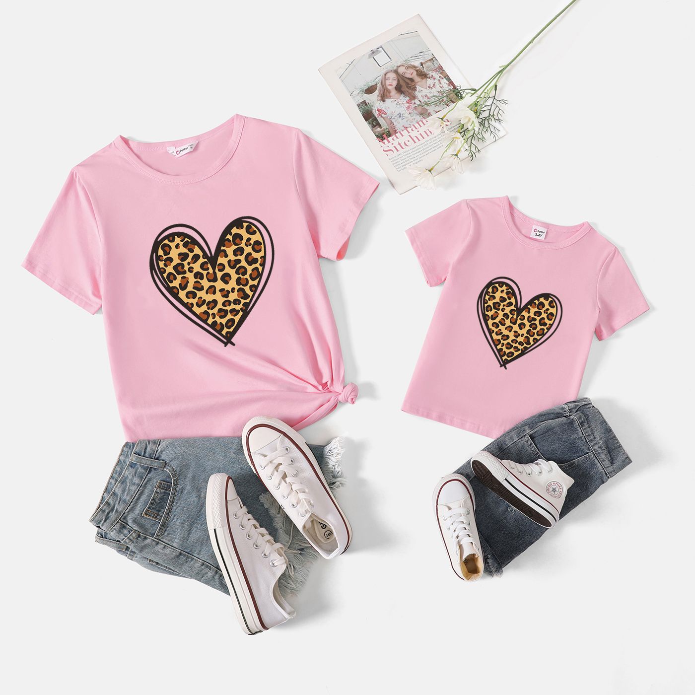 

Mommy and Me 100% Cotton Short-sleeve Leopard Heart Print Tee