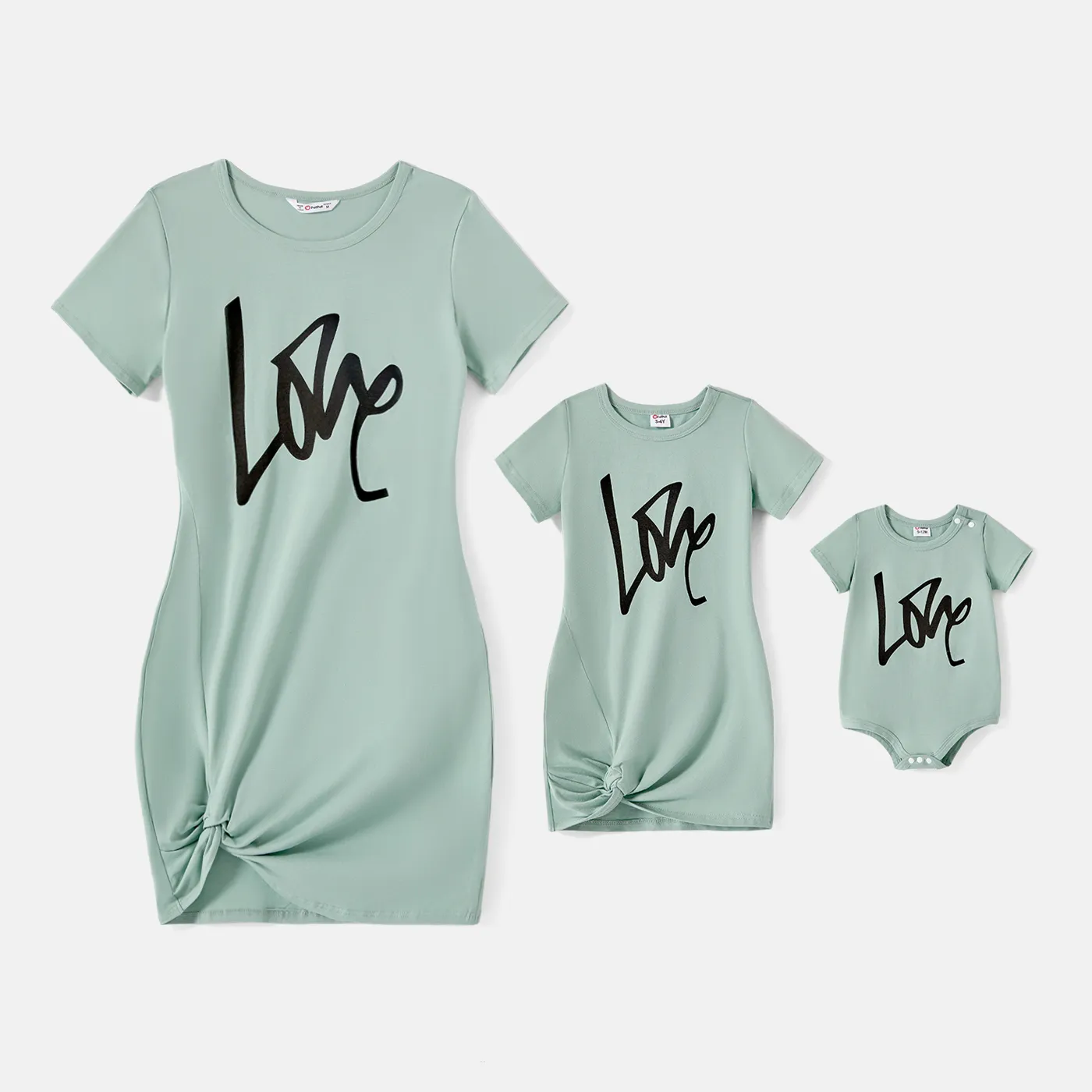 Image of Mommy and Me 95% Cotton Short-sleeve Letter Print Twist Knot Short-sleeve Bodycon T-shirt Dresses