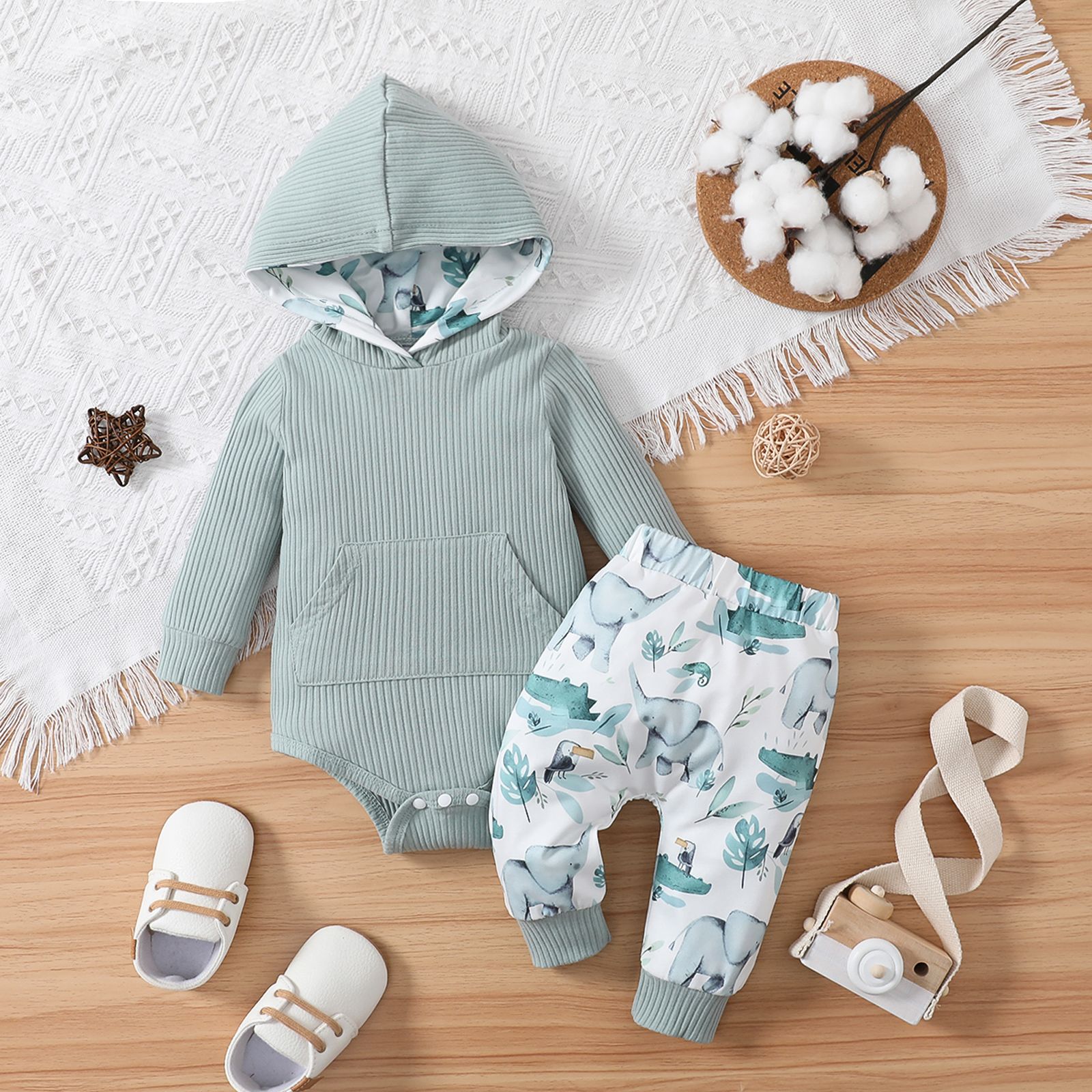 

2pcs Baby Boy/Girl 95% Cotton Ribbed Hooded Long-sleeve Romper and Allover Elephant Print Pants Set