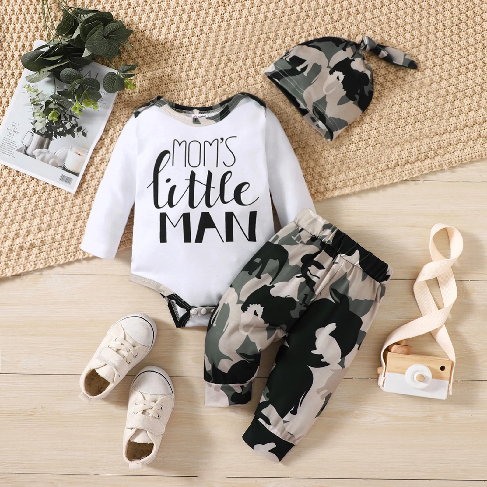 

3pcs Baby Boy Letter Print Long-sleeve Romper and Camouflage Pants & Hat Set