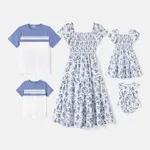 Family Matching Allover Floral Print Shirred Tiered Dresses and Short-sleeve Colorblock T-shirts Sets  image 2