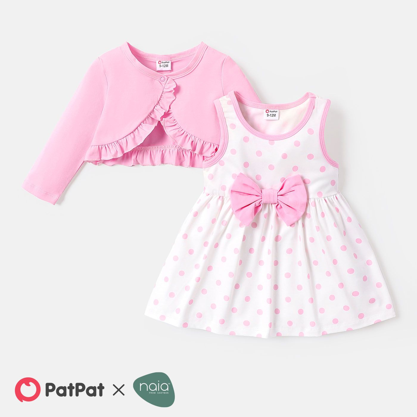 

2pcs Baby Girl Pink Cotton Ruffle Trim Long-sleeve Cardigan and Bow Front Polka Dot Print Naia™ Tank Dress Set