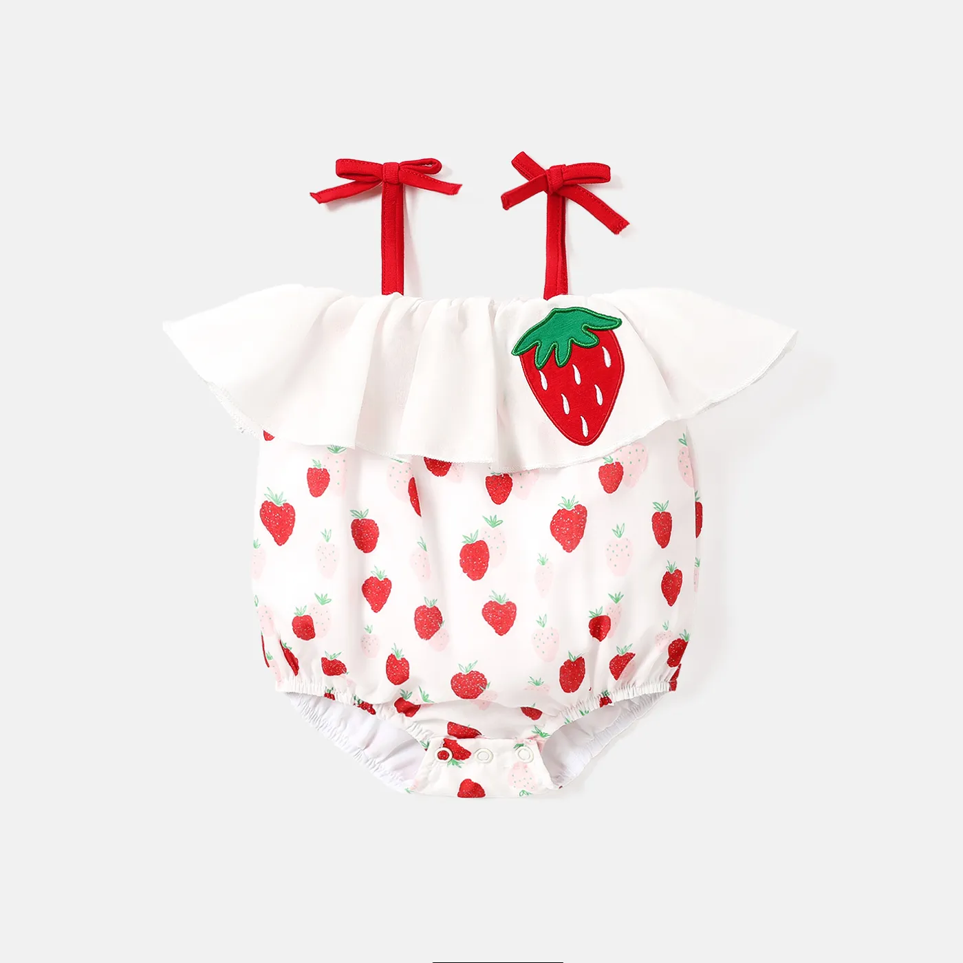 

Baby Girl Strawberry Embroidered Ruffle Bowknot Cami Romper