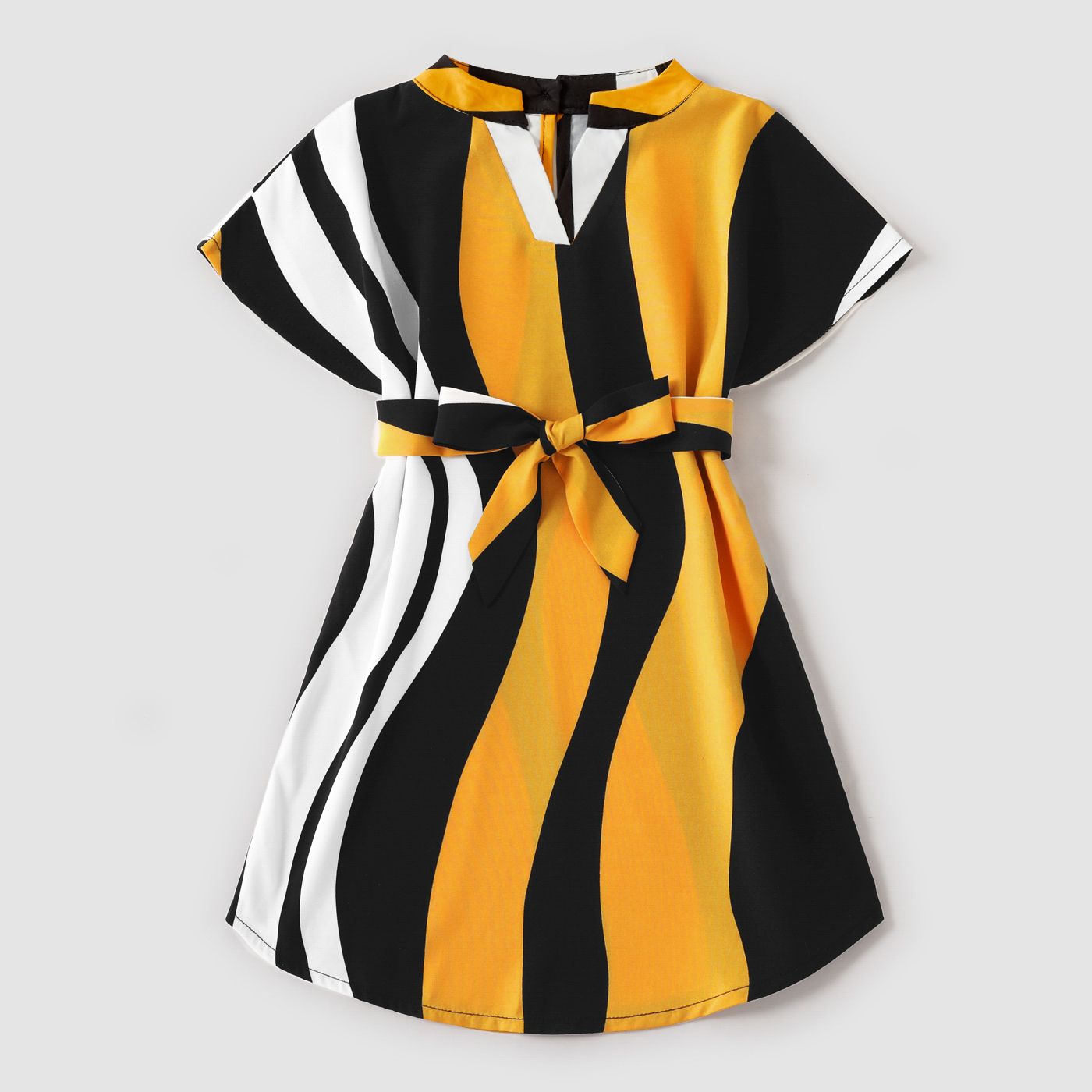 Family Matching Cotton Raglan Sleeve T-shirts And Striped Belted Dresses Sets