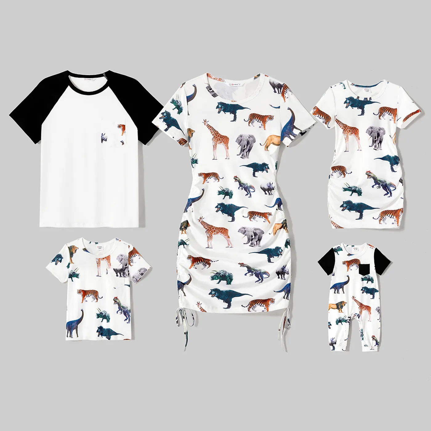 Family Matching Cotton T-shirts and Allover Dinosaur Print Short-sleeve Drawstring Ruched Bodycon Dresses Sets