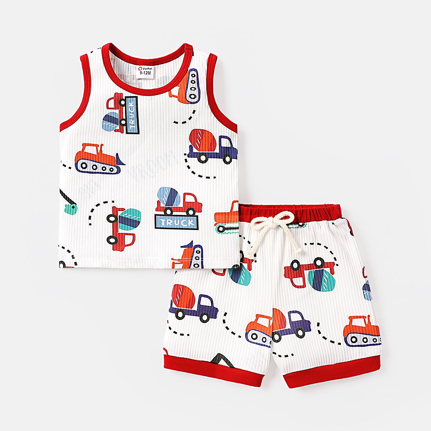 

2pcs Baby Boy Cotton Ribbed Allover Vehicle Print Tank Top & Shorts Set