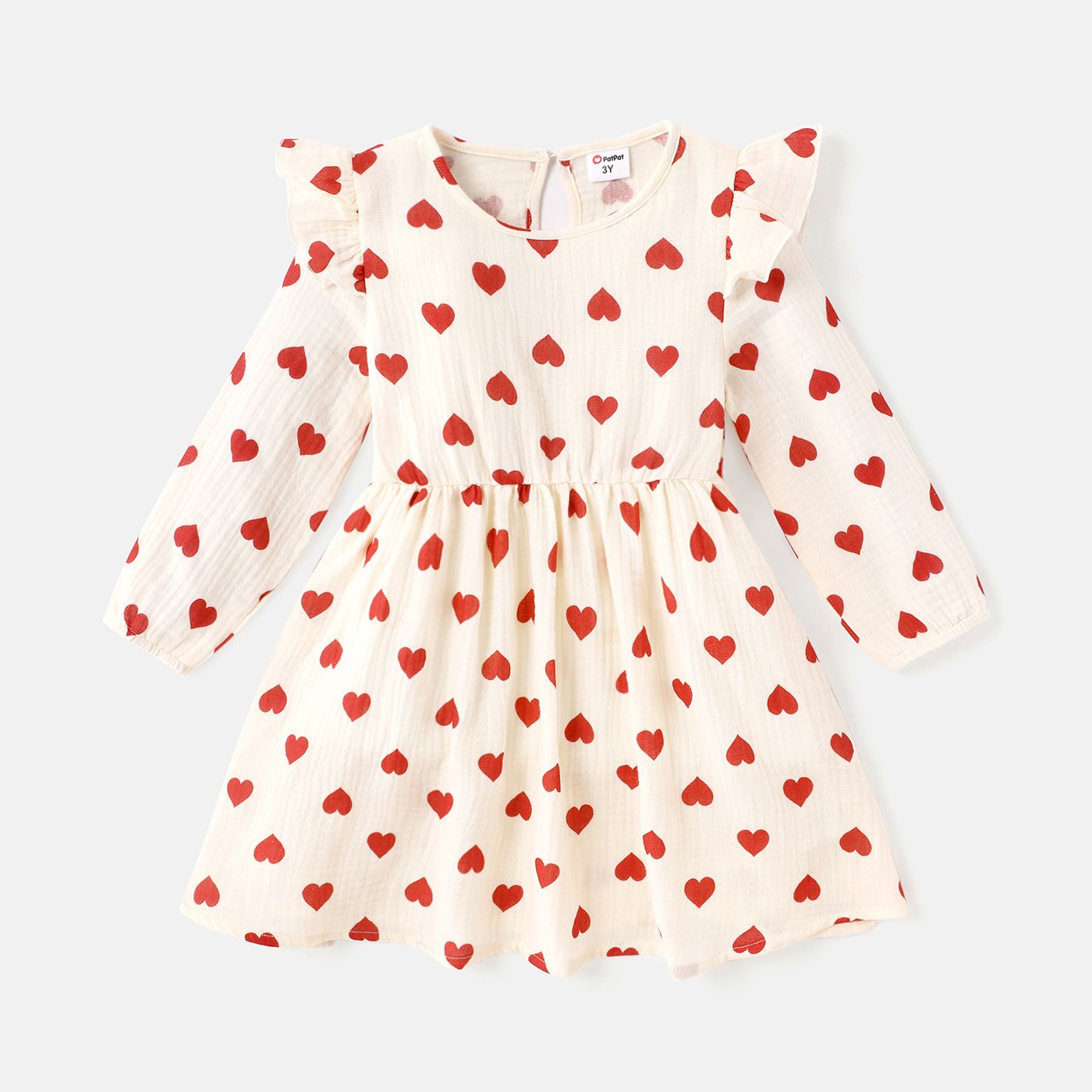 

Toddler Girl Valentine's Day 100% Cotton Heart Print Ruffled Crepe Long-sleeve Dress