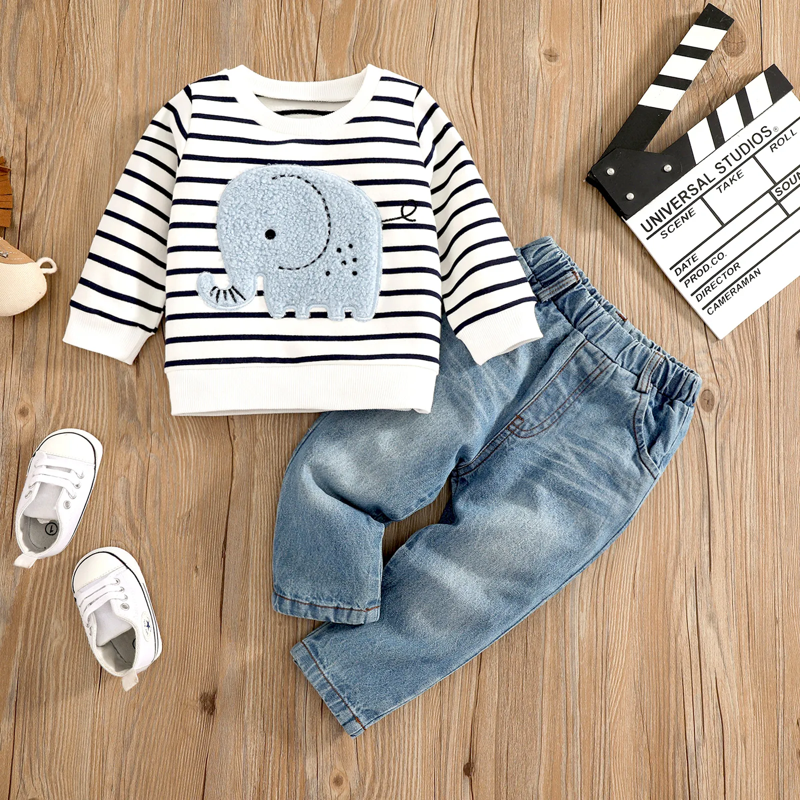 2pcs Baby Boy 95% Cotton Long-sleeve Elephant Embroidered Striped Sweatshirt & Denim Jeans Set