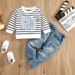 2pcs Baby Boy 95% Cotton Long-sleeve Elephant Embroidered Striped Sweatshirt & Denim Jeans Set  image 6