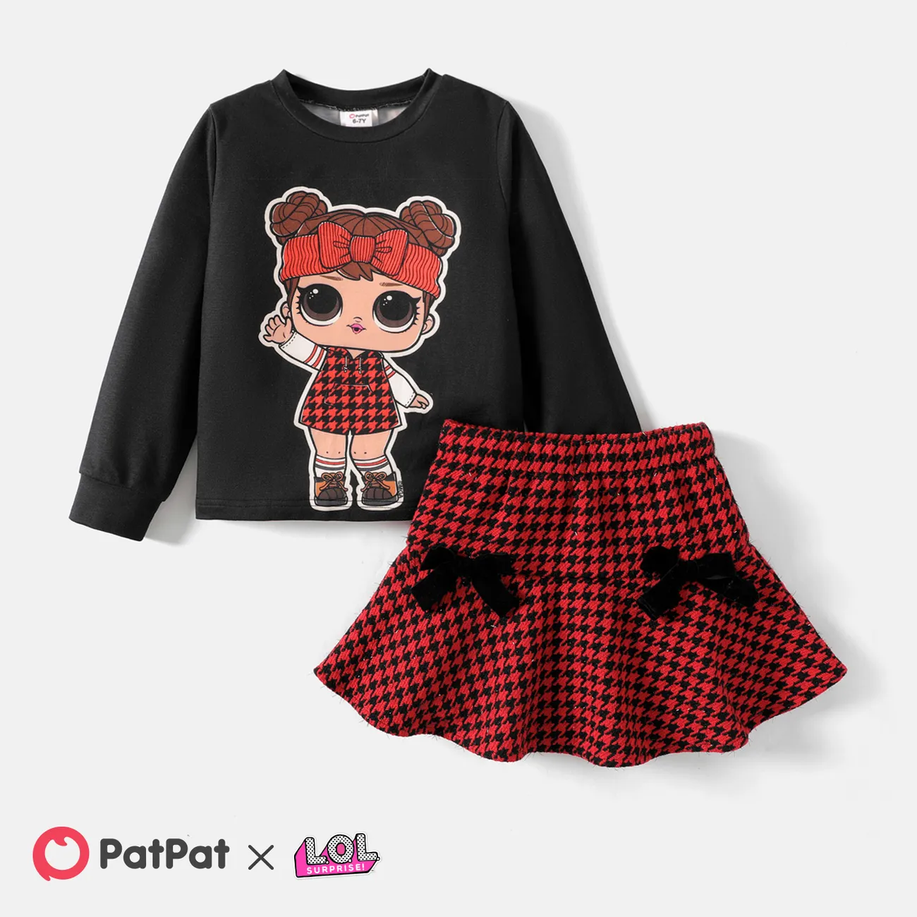 L.O.L. SURPRISE! 2pcs Kid Girl Character Print Black Sweatshirt and Bowknot Design Houndstooth Skirt Set Black big image 1