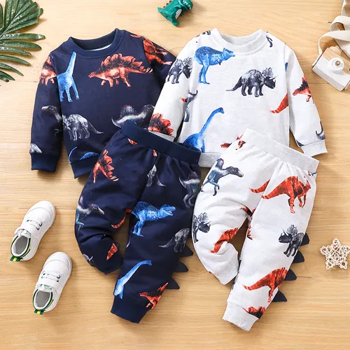 2pcs Baby Boy Allover Dinosaur Print Long-sleeve Sweatshirt & Sweatpants Set