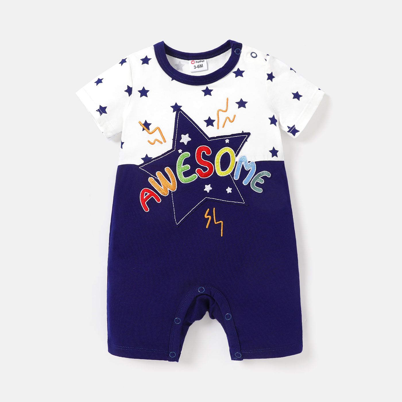 

Baby Boy 95% Cotton Short-sleeve Star Print Letter Embroidered Spliced Romper