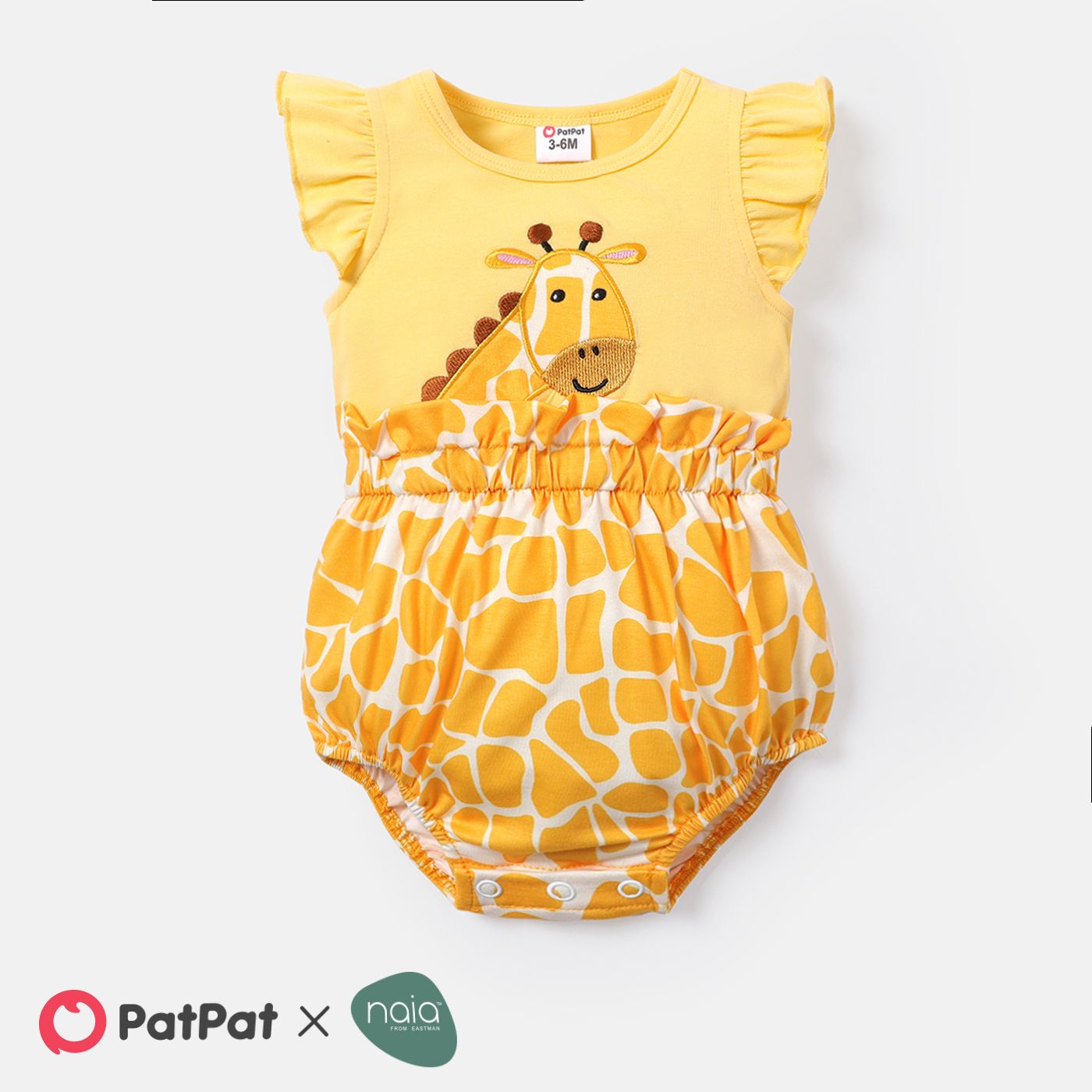 

Naia™ Baby Girl Cotton Giraffe Print Flutter-sleeve Romper