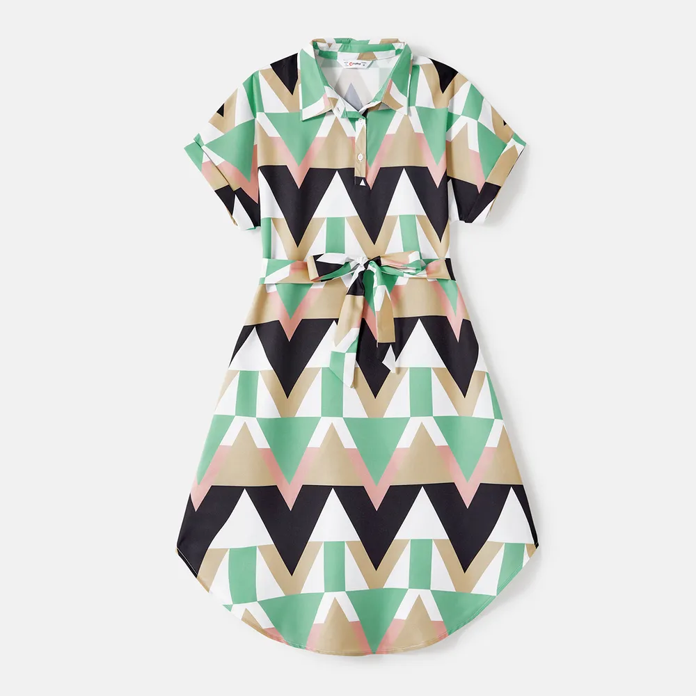 Family Matching Allover Geo Print Short-sleeve Belted Dresses and Colorblock T-shirts Sets  big image 13