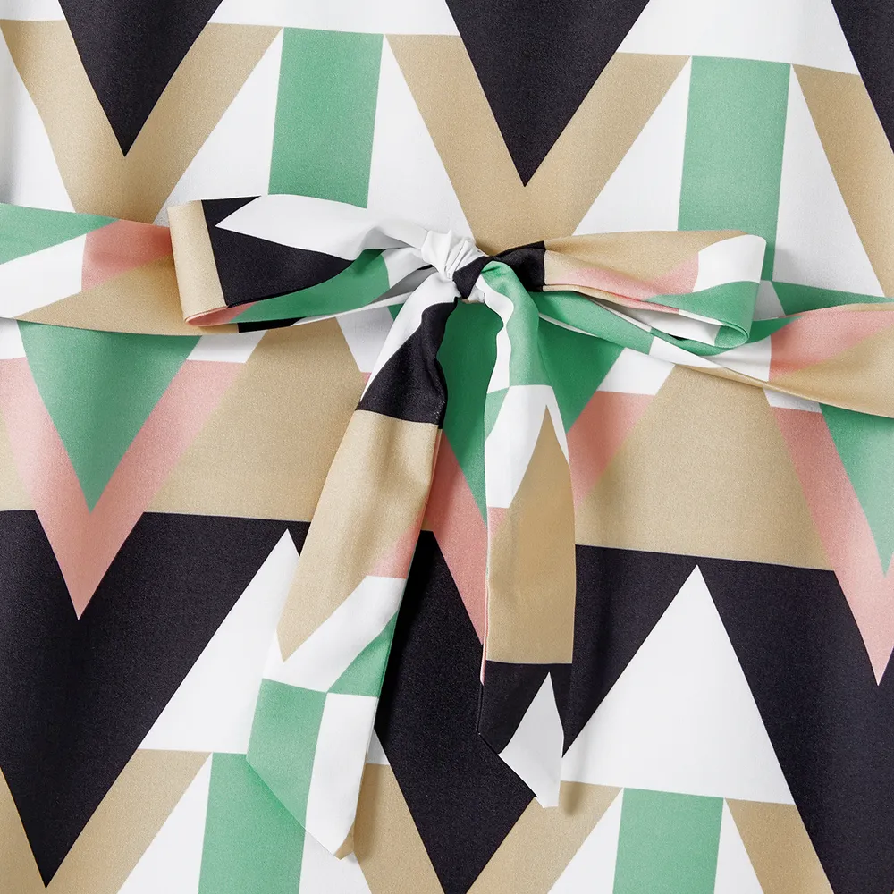 Family Matching Allover Geo Print Short-sleeve Belted Dresses and Colorblock T-shirts Sets big image 14