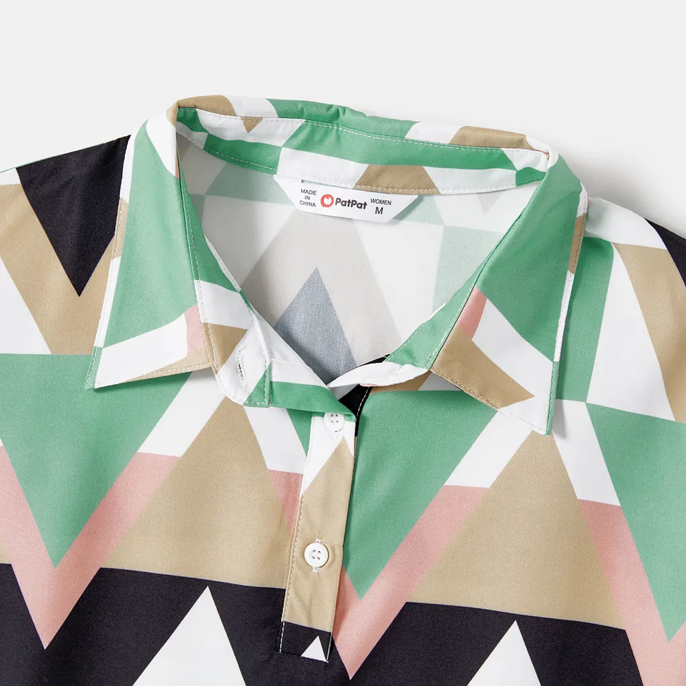 Family Matching Allover Geo Print Short-sleeve Belted Dresses and Colorblock T-shirts Sets big image 15