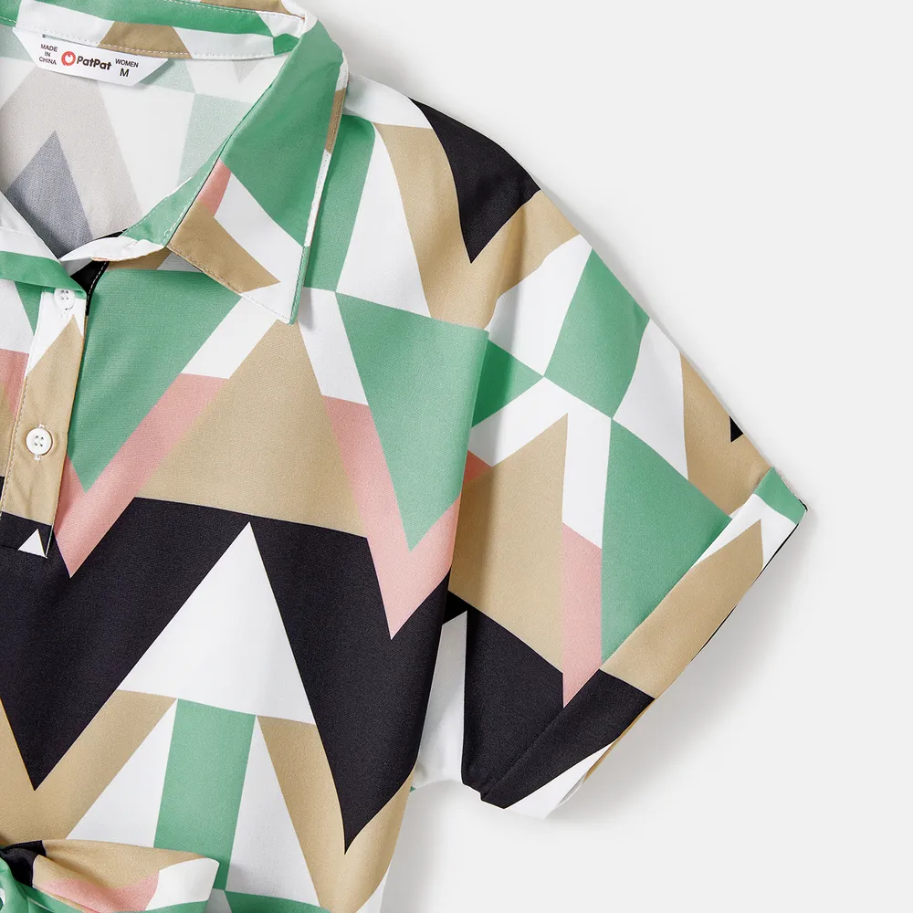 Family Matching Allover Geo Print Short-sleeve Belted Dresses and Colorblock T-shirts Sets big image 16