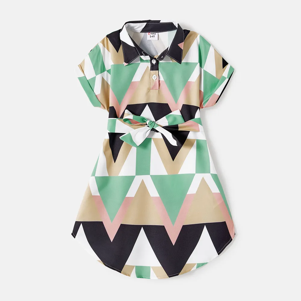 Family Matching Allover Geo Print Short-sleeve Belted Dresses and Colorblock T-shirts Sets  big image 9