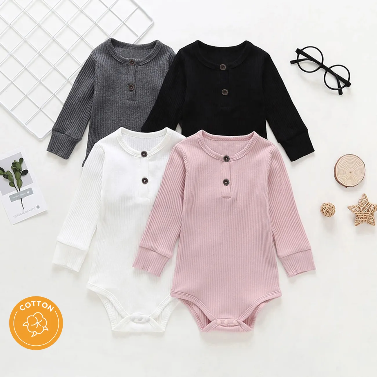 女嬰/男嬰純棉鈕扣設計純色羅紋長袖連體褲 粉色 big image 1