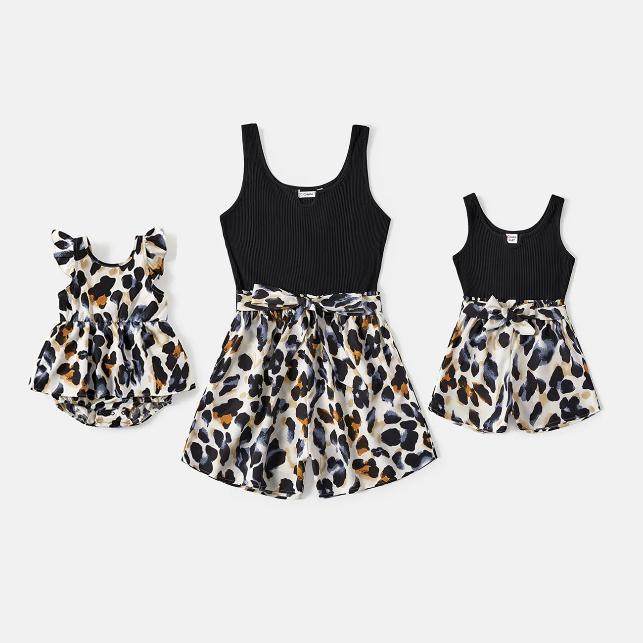 Mommy and Me Black & Leopard Print Spliced Tank Rompers Colorful big image 1