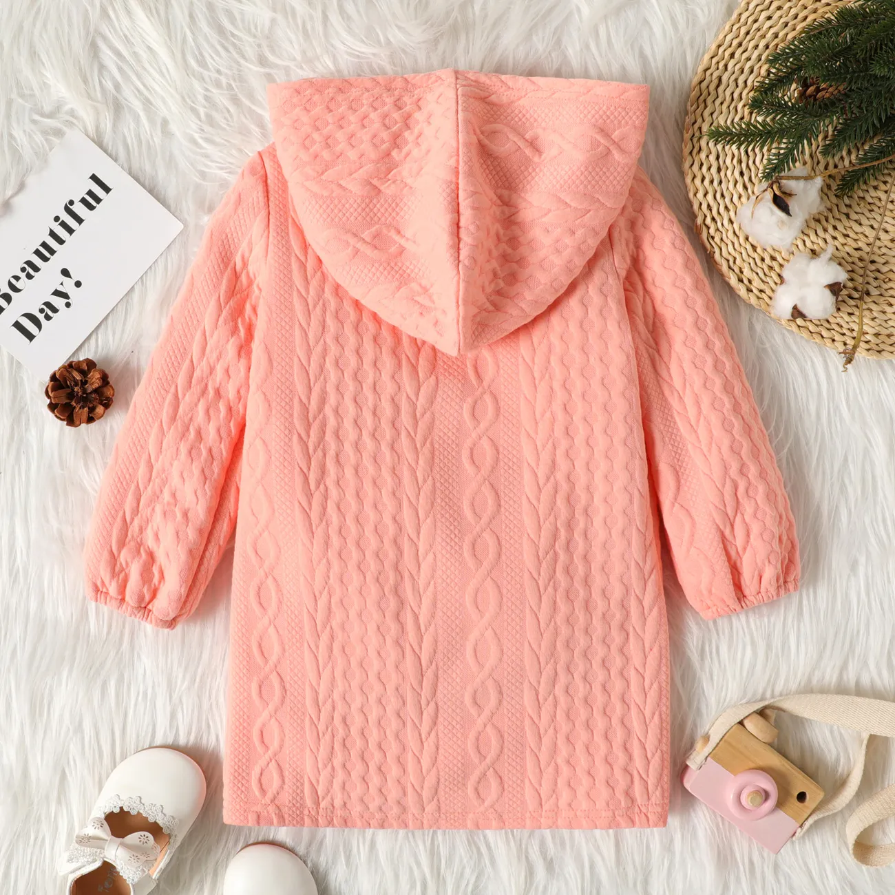Toddler Girl Button Design Cable Knit Textured Hooded Dress Pink big image 1