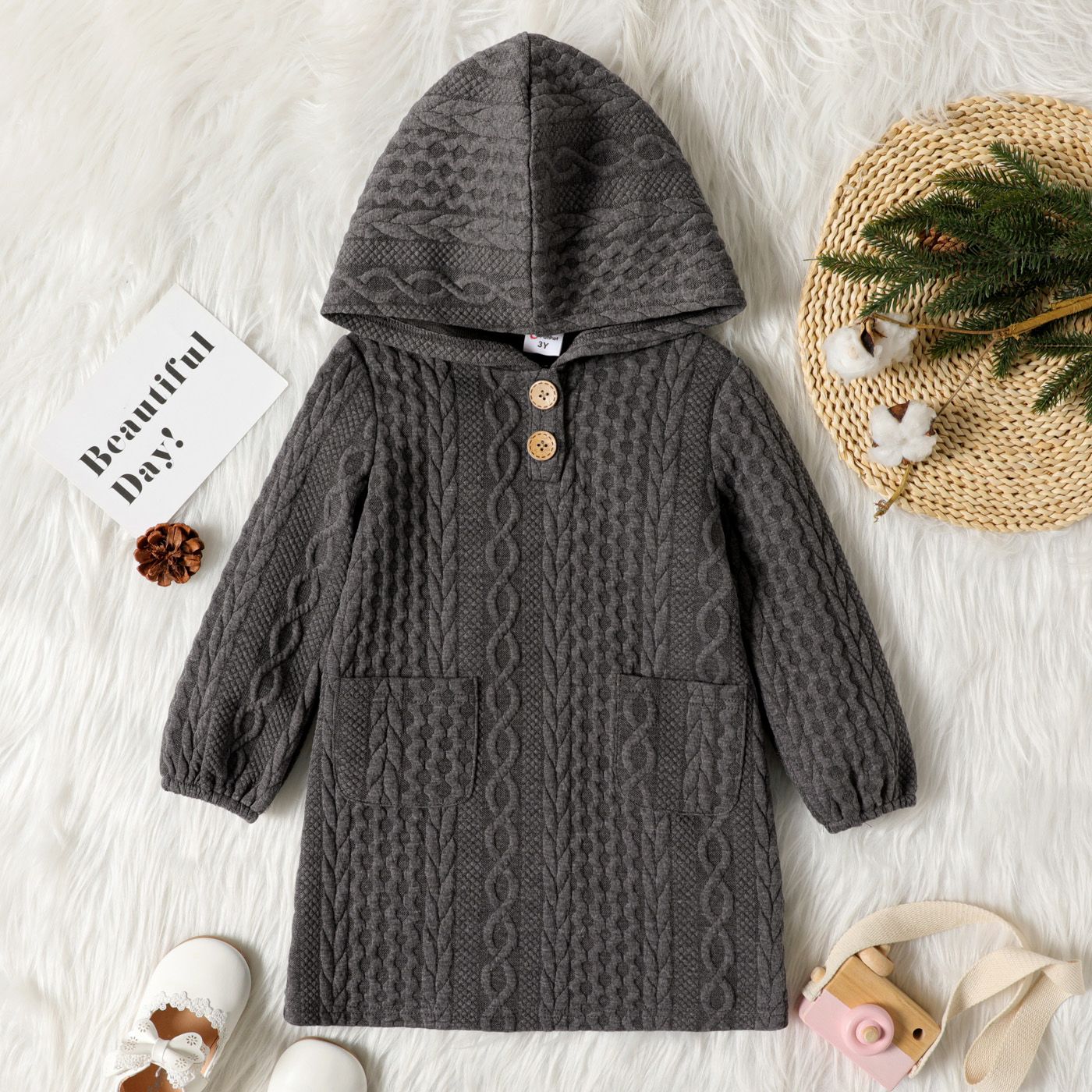 Toddler Girl Button Design Cable Knit Textured Hooded Dress