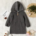 Toddler Girl Button Design Cable Knit Textured Hooded Dress DeepGery