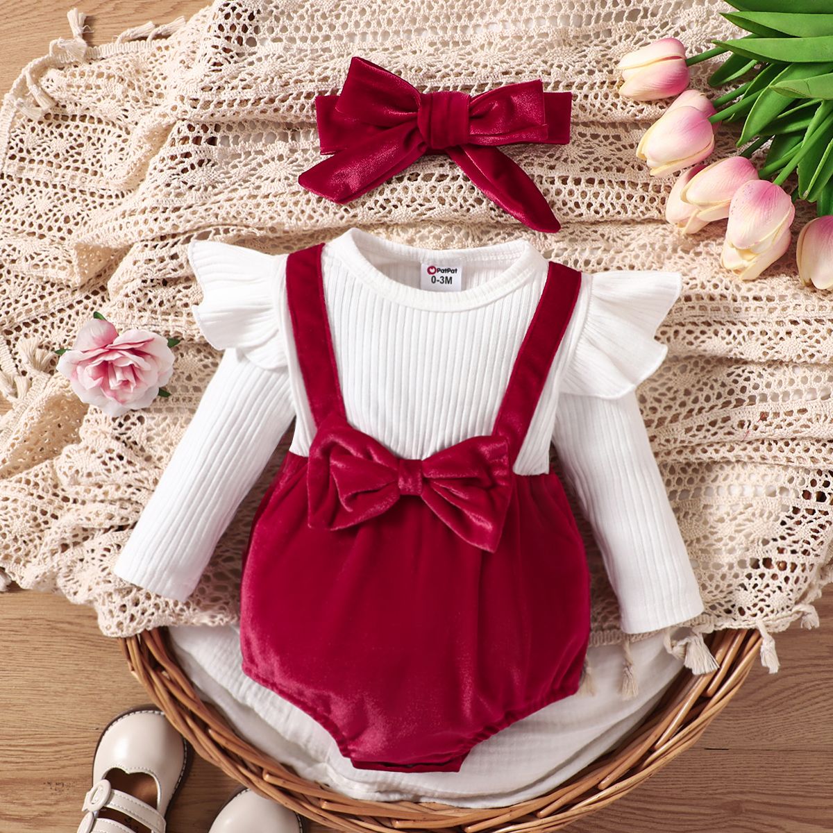 2pcs Baby Girl Cotton Ribbed Solid Spliced Long-sleeve Bow Front Romper & Headband Set